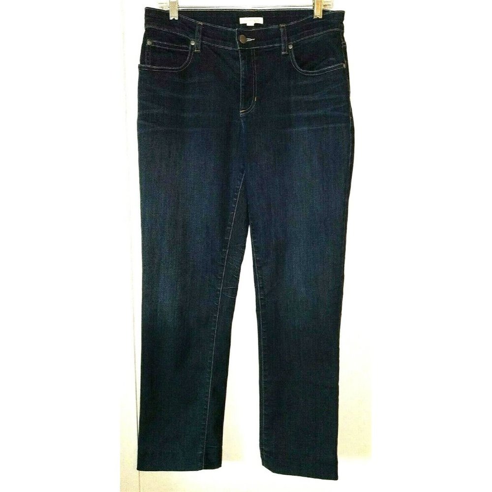 EILEEN FISHER 10 Dark Wash Straight Leg Stretch Jeans Hemmed to 28"